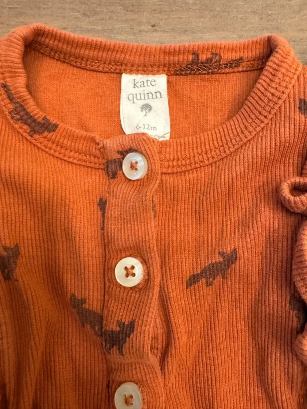 Kate Quinn Fox Print Ribbed Ruffle Romper Rust Organic 6-12M